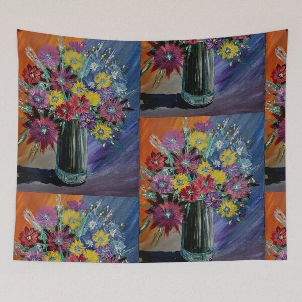 Item preview, Vibrant Wildflowers in Glass Vase on Split Orange and Blue Background – Acrylic Painting designed and sold by kkartwork.