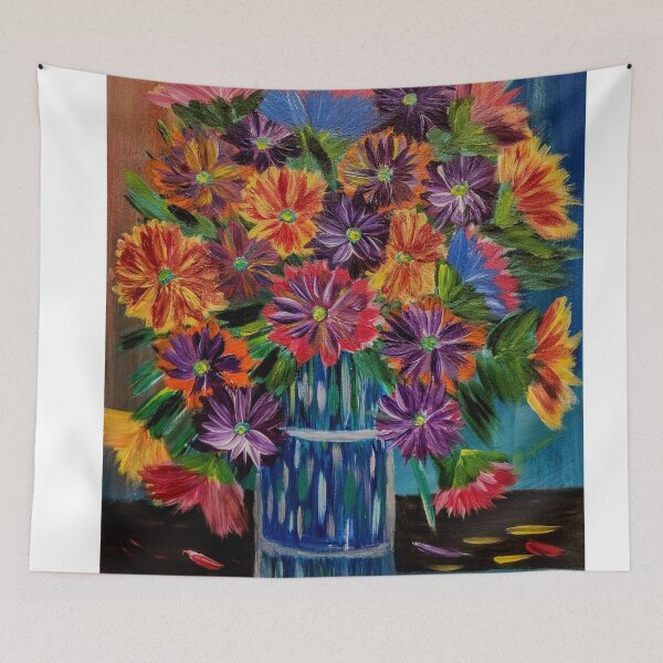 Item preview, Rainbow Wildflowers in Tall Blue Vase – Split Background Acrylic Art designed and sold by kkartwork.
