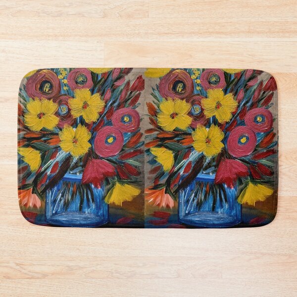 Item preview, Yellow Daisies and Pink Roses in Blue Glass Vase – Acrylic Still Life designed and sold by kkartwork.