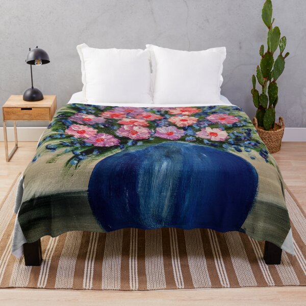 Item preview, Pink Cosmos and Blue Wildflowers in Round Blue Vase – Acrylic Still Life designed and sold by kkartwork.