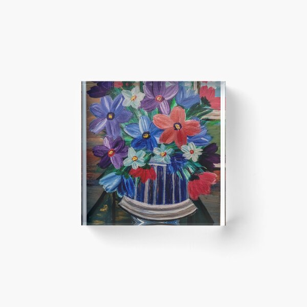 Artikelvorschau, Lila und blaue Wildblumen in einer gestreiften Vase am Fenster – Acrylmalerei entworfen und verkauft von kkartwork.