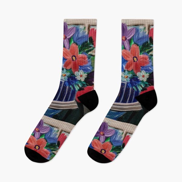 Artikelvorschau, Lila und blaue Wildblumen in einer gestreiften Vase am Fenster – Acrylmalerei entworfen und verkauft von kkartwork.