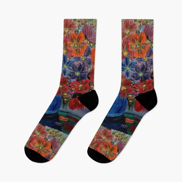 Artikelvorschau, Rote und orangefarbene Wildblumen in strukturierter blauer Vase – Acryl-Stillleben entworfen und verkauft von kkartwork.