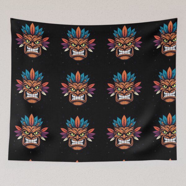 Item preview, Vibrant Cartoon Tiki Mask Illustration with Angry Expression and Colorful Feathers designed and sold by PixelVibe782.
