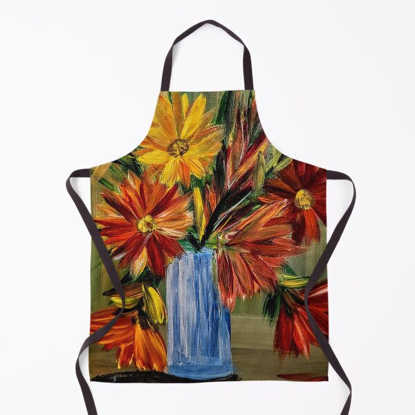 Item preview, Red and Orange Dahlias in Tall Blue Vase – Acrylic Still Life designed and sold by kkartwork.