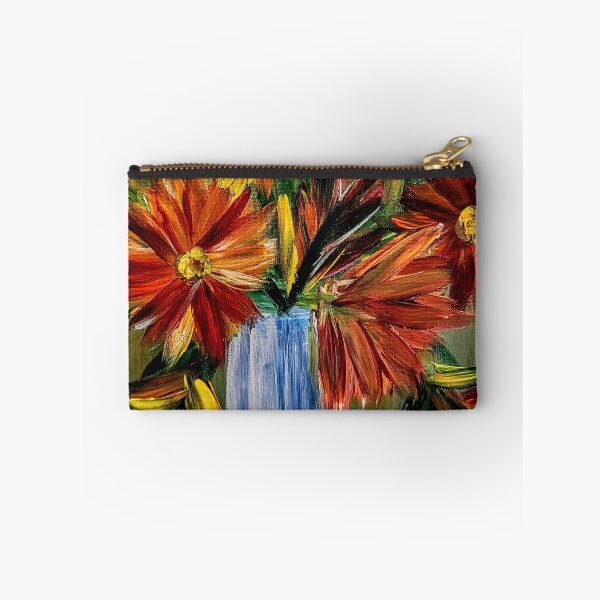 Item preview,  Red and Orange Dahlias in Tall Blue Vase – Acrylic Still Life designed and sold by kkartwork.