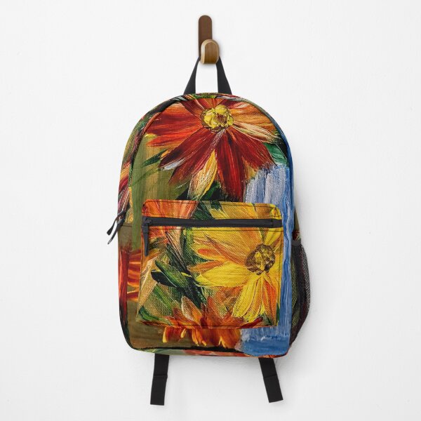 Item preview, Red and Orange Dahlias in Tall Blue Vase – Acrylic Still Life designed and sold by kkartwork.