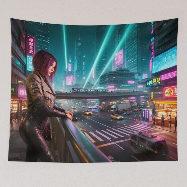 Item preview, Young lady looking at cyber city night life designed and sold by aykiradesigns.