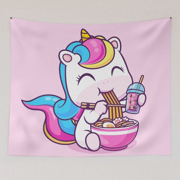 Item preview, Cute Unicorn Eating Ramen and Drinking Milk Tea Boba – Cartoon Vector Icon Illustration (Animal Theme) designed and sold by hjian8219.