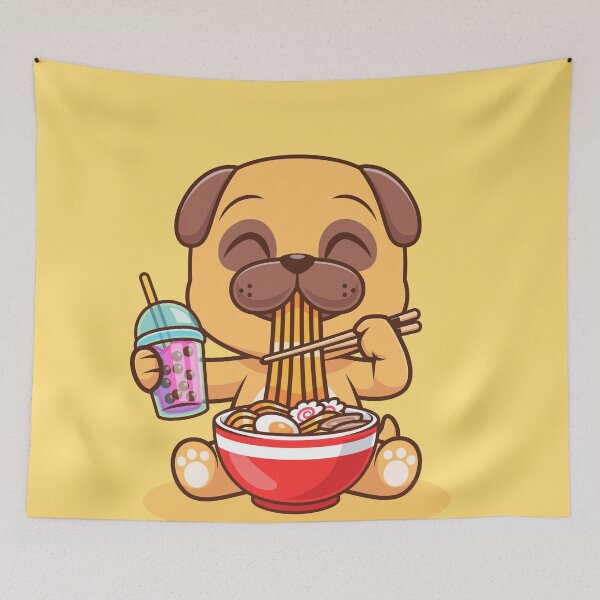 Item preview, Cute Pug Dog Eating Ramen and Drinking Milk Tea Boba – Cartoon Vector Icon Illustration (Animal Theme) designed and sold by hjian8219.