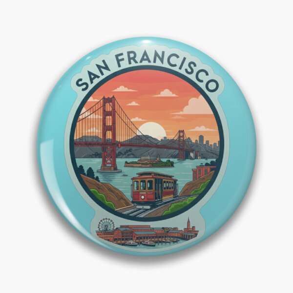 Item preview, San Francisco Landmarks Retro Sunset Badge designed and sold by Pixel & Beyond.