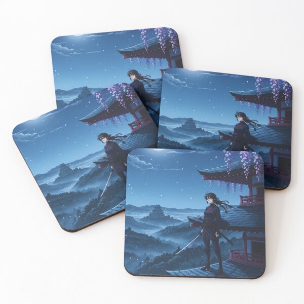 Item preview, Moonlit Samurai on the Temple Rooftop – Japanese Anime Night Art designed and sold by BlueBerry45.
