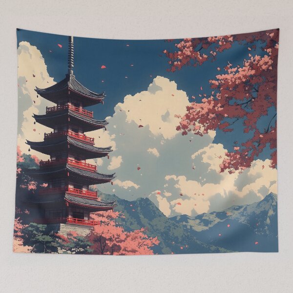 Item preview, Japanese Landscape Pagoda Bridge Tranquil Lake Reflection designed and sold by mildaclairmo.