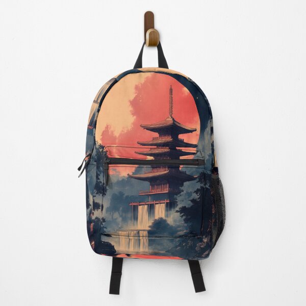 Item preview, Japanese Landscape Pagoda Moon Waterfall Sanctuary designed and sold by mildaclairmo.