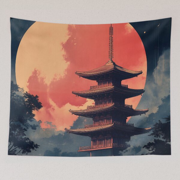 Item preview, Japanese Landscape Pagoda Moon Waterfall Sanctuary designed and sold by mildaclairmo.
