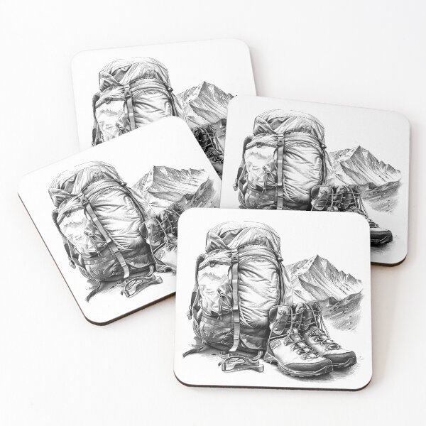 Item preview, Backpacker’s Gear with Mountain View – Hiking Adventure Ink Art designed and sold by inkoutninja.