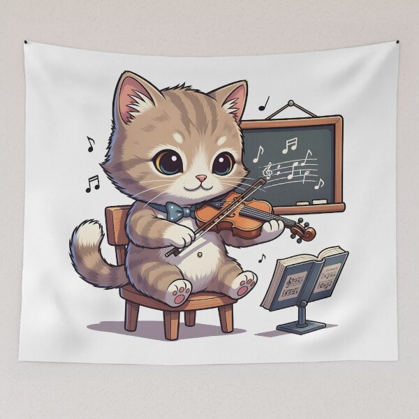 Item preview, school subject music A cute cartoon cat playing a violin in a classroom designed and sold by Uglyandcute.