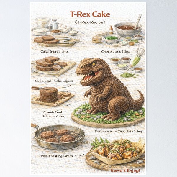 Item preview, T-Rex Cake Recipe Shirt – Hand-Drawn Diagram Tee, Minimalist Food Illustration designed and sold by fishnsteve.