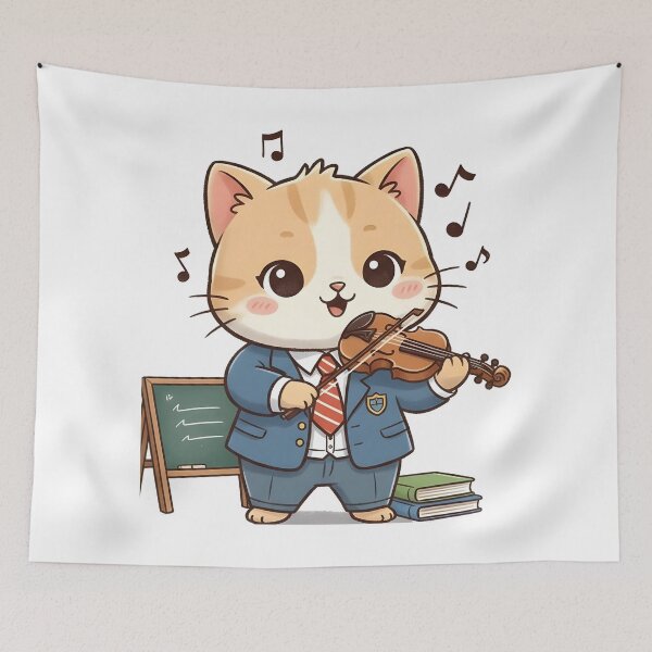 Item preview, school subject music A cute cartoon cat playing a violin in a classroom designed and sold by Uglyandcute.