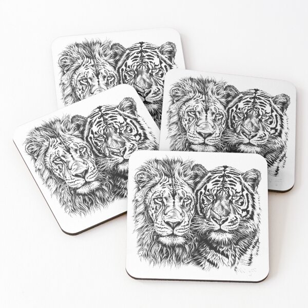 Item preview, Lion and Tiger Side by Side – Majestic Wildlife Ink Drawing designed and sold by inkoutninja.