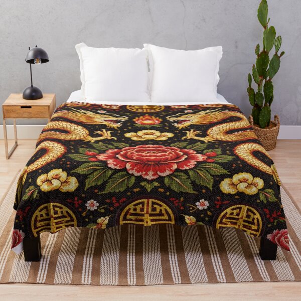 Item preview, Golden dragons and peonies in vintage embroidery style designed and sold by Mauswohn.