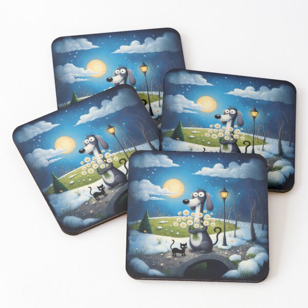 Item preview, Moonlit Dog with Daisies – Whimsical Nighttime Illustration designed and sold by Whimsical Hug.