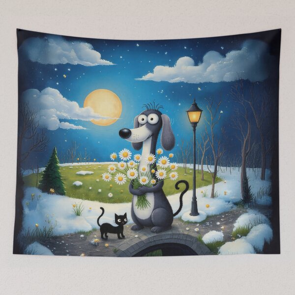 Item preview, Moonlit Dog with Daisies – Whimsical Nighttime Illustration designed and sold by Whimsical Hug.