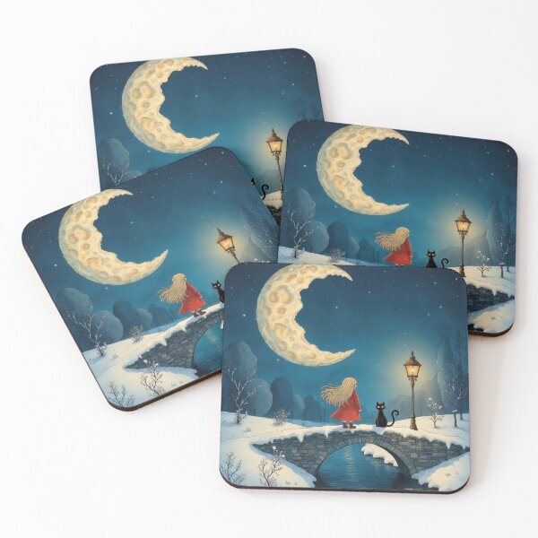 Item preview, Girl and Cat Under a Crescent Moon – Whimsical Nighttime Illustration designed and sold by Whimsical Hug.