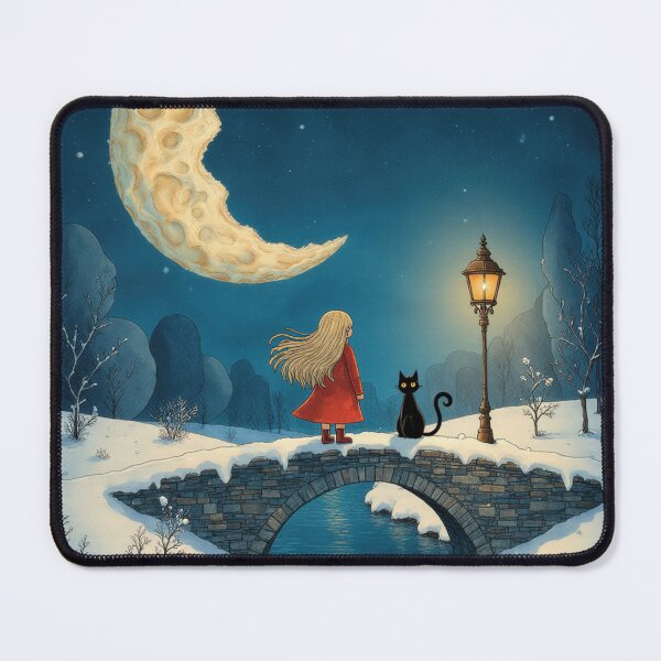 Item preview, Girl and Cat Under a Crescent Moon – Whimsical Nighttime Illustration designed and sold by Whimsical Hug.