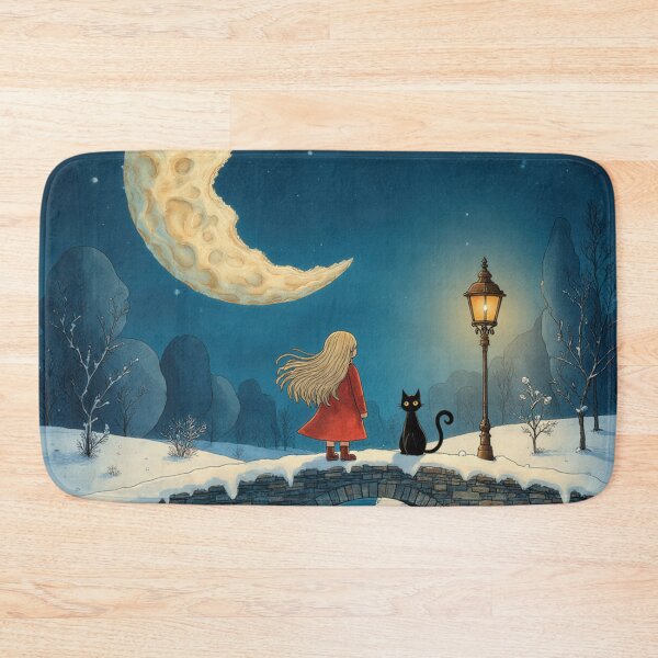 Item preview, Girl and Cat Under a Crescent Moon – Whimsical Nighttime Illustration designed and sold by Whimsical Hug.