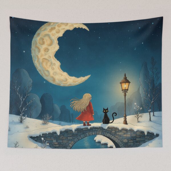 Item preview, Girl and Cat Under a Crescent Moon – Whimsical Nighttime Illustration designed and sold by Whimsical Hug.
