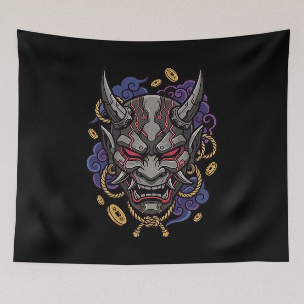 Item preview, Neon glowing cybernetic Oni demon mask vector t-shirt design designed and sold by Tong4130.