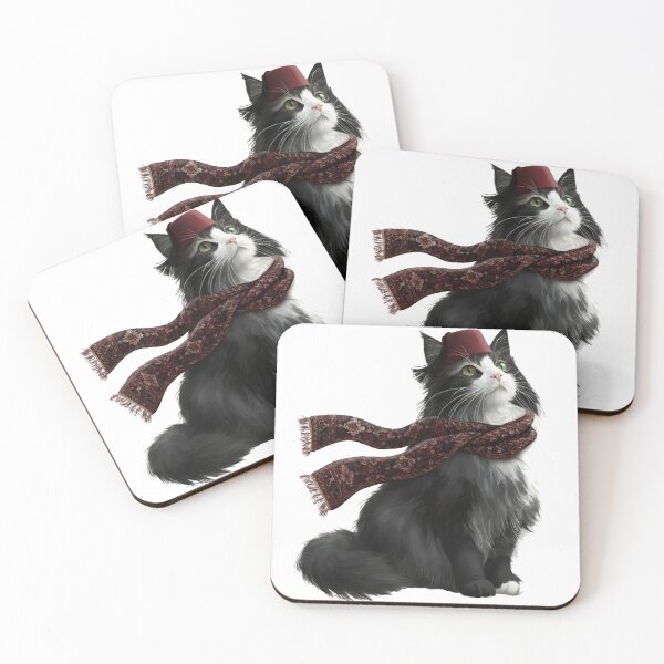 Item preview, Fluffy Black and White Cat Wearing Traditional Fez Hat and persian Scarf designed and sold by designwiss.