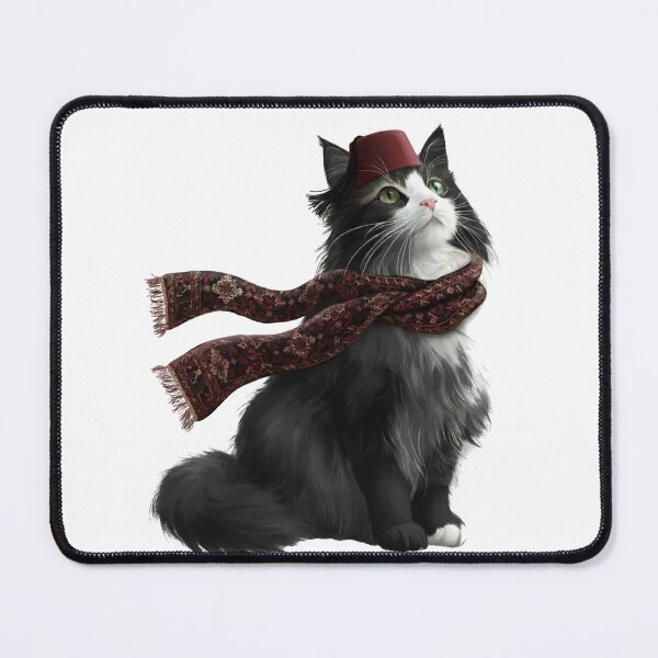 Item preview, Fluffy Black and White Cat Wearing Traditional Fez Hat and persian Scarf designed and sold by designwiss.