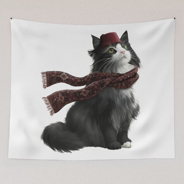 Item preview, Fluffy Black and White Cat Wearing Traditional Fez Hat and persian Scarf designed and sold by designwiss.