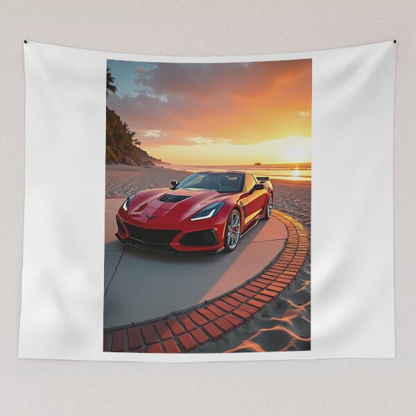 Artikelvorschau, Rote C7 Corvette am Strand bei Sonnenuntergang. entworfen und verkauft von Alien-Architect.