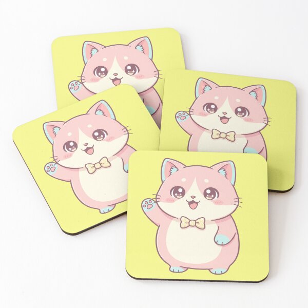 Item preview, Adorable Kawaii Pink Cartoon Kitten Waving Hello with a Yellow Polka Dot Bow Tie designed and sold by bvdesignart.