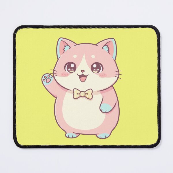 Item preview, Adorable Kawaii Pink Cartoon Kitten Waving Hello with a Yellow Polka Dot Bow Tie designed and sold by bvdesignart.
