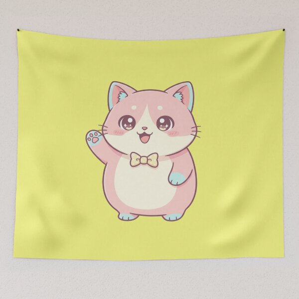 Item preview, Adorable Kawaii Pink Cartoon Kitten Waving Hello with a Yellow Polka Dot Bow Tie designed and sold by bvdesignart.