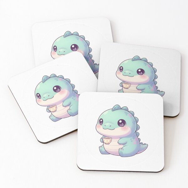 Item preview, Cute Teal Kawaii Dinosaur Drinking Tea in a Star Pattern Cup and Adorable Pastel Chibi Dino Sticker Art for Tea Lovers designed and sold by bvdesignart.