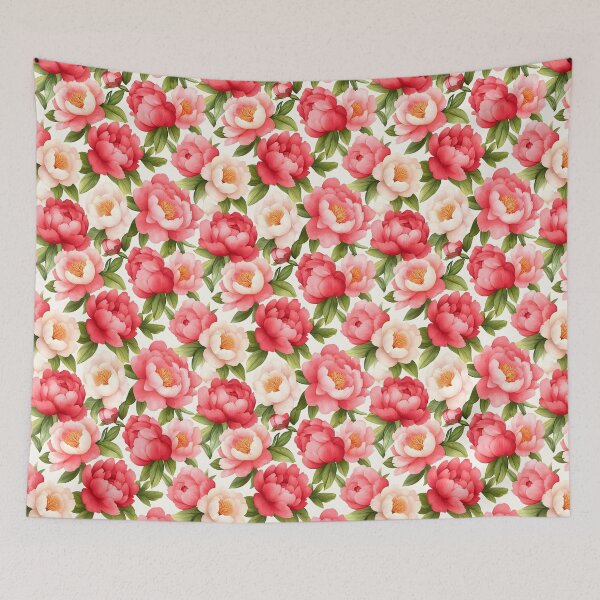 Item preview, The image showcases a pattern of watercolor-style peonies in varying shades of pink and white, complemented by green leaves, set against a clean, light background. designed and sold by rujlaphusstudio.