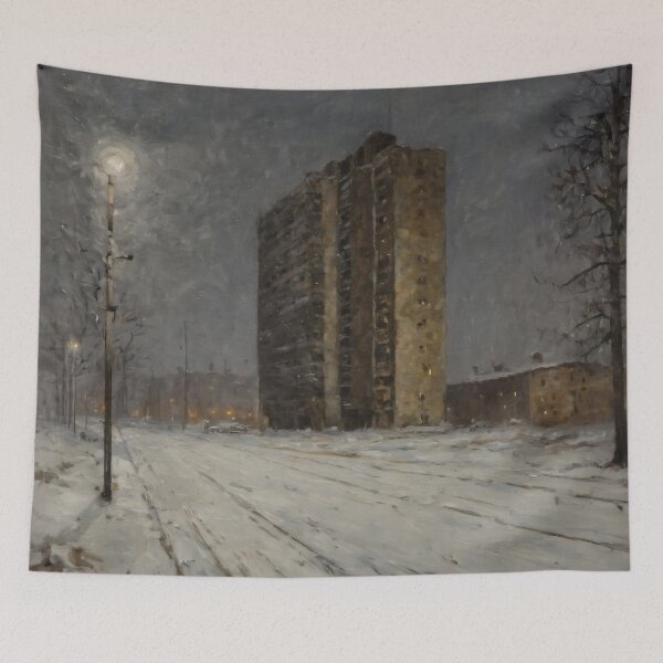 Item preview, Lonely Soviet Apartment Block in Snow – Cold Urban Atmospheric Art designed and sold by Visualynx.