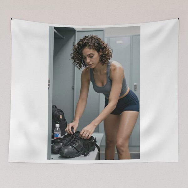 Item preview, Sarah tidy athlete prepares in gym locker room designed and sold by CathryneDelamort.