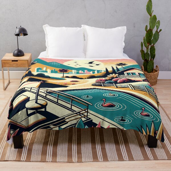 Item preview, Retro Poolside Flamingos Sunset Mountain Landscape designed and sold by InkSmithery.