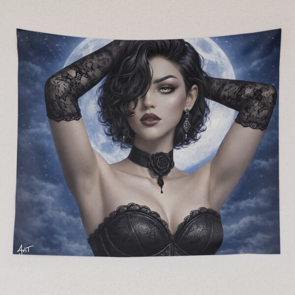 Item preview, Gothic Moon Portrait - Dark Elegance Digital Art, Green Eyed Fantasy Woman in Lace Corset, Full Moon Gothic Fashion Illustration designed and sold by AnTartstudios.