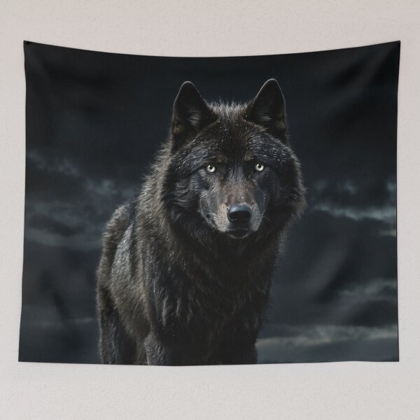 Item preview, Black wolf in snow – dark fantasy animal art – mystical winter spirit designed and sold by Traumrausch.