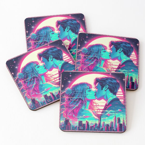 Item preview, Cyberkiss in neon lights – surreal love in glitchy city vibes & dreamy retrofuturistic atmosphere designed and sold by FotoworldEdel.