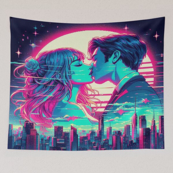 Item preview, Cyberkiss in neon lights – surreal love in glitchy city vibes & dreamy retrofuturistic atmosphere designed and sold by FotoworldEdel.