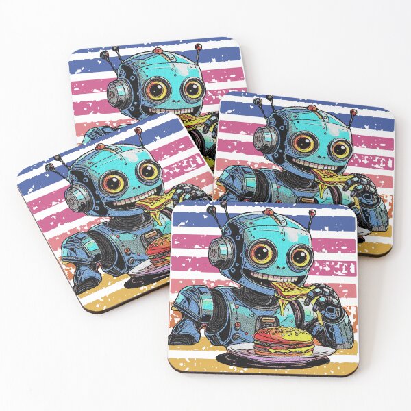 Item preview, Futuristic Robot Eating Pizza – Fun Design with Colorful Striped Background designed and sold by AstronautMerch.
