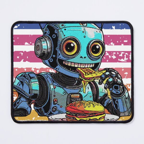 Item preview, Futuristic Robot Eating Pizza – Fun Design with Colorful Striped Background designed and sold by AstronautMerch.